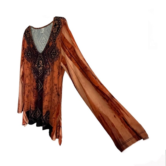 Burnt Pumpkin Boho Long Sleeve V-Neck Rhinestone Embellished Brand New Tunic NWT - Picture 8 of 16